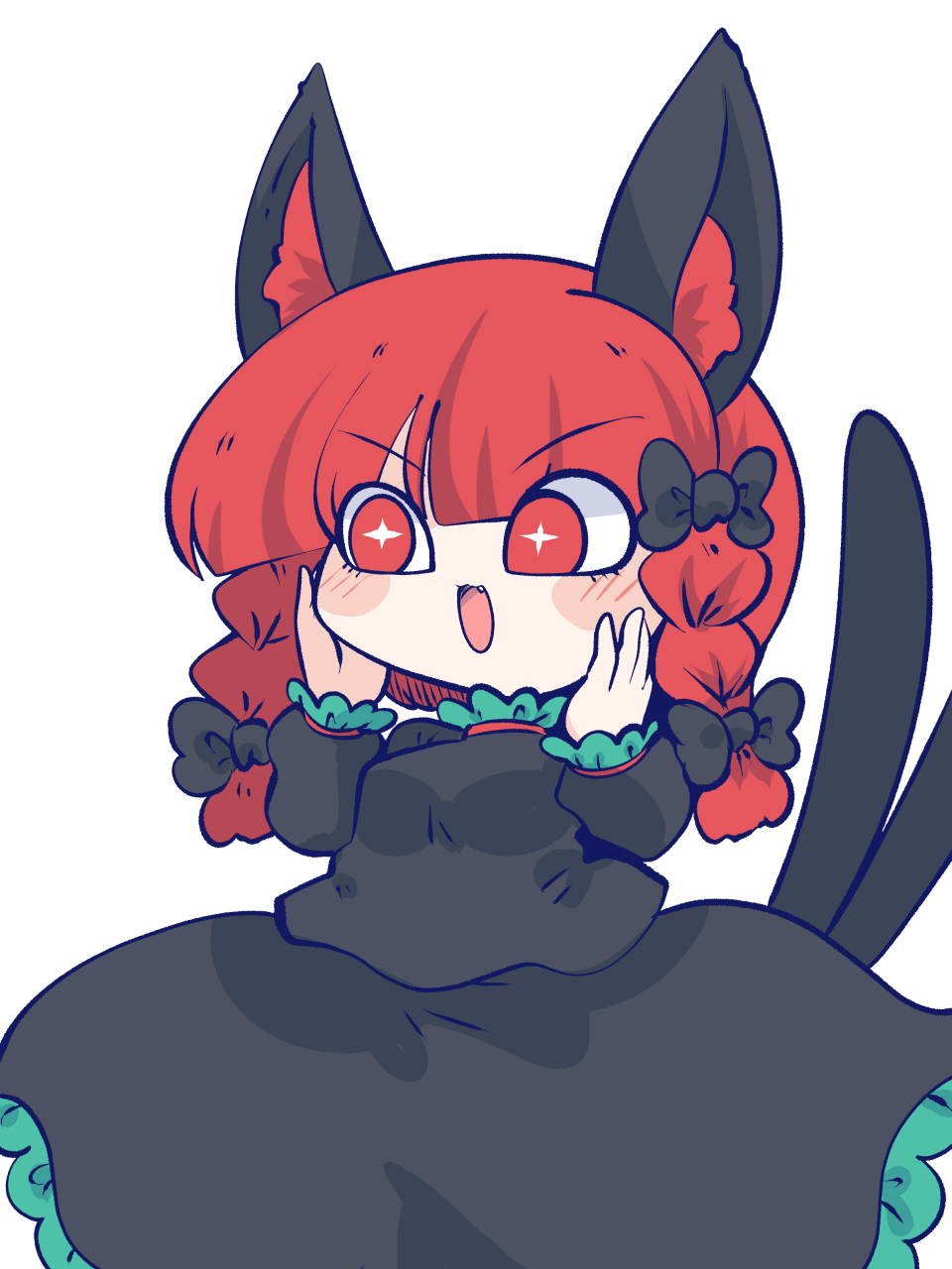 1girl :d animal_ear_fluff animal_ears black_bow black_shirt black_skirt bow braid cat_ears cat_girl cat_tail chahan_(fried_rice0614) chibi collar commentary_request cowboy_shot fang frilled_collar frilled_skirt frilled_sleeves frills green_trim hair_bow hands_on_own_cheeks hands_on_own_face highres kaenbyou_rin medium_hair multiple_tails open_mouth red_eyes redhead shirt simple_background skirt skirt_set smile solo sparkling_eyes tail tail_raised touhou twin_braids two_tails white_background