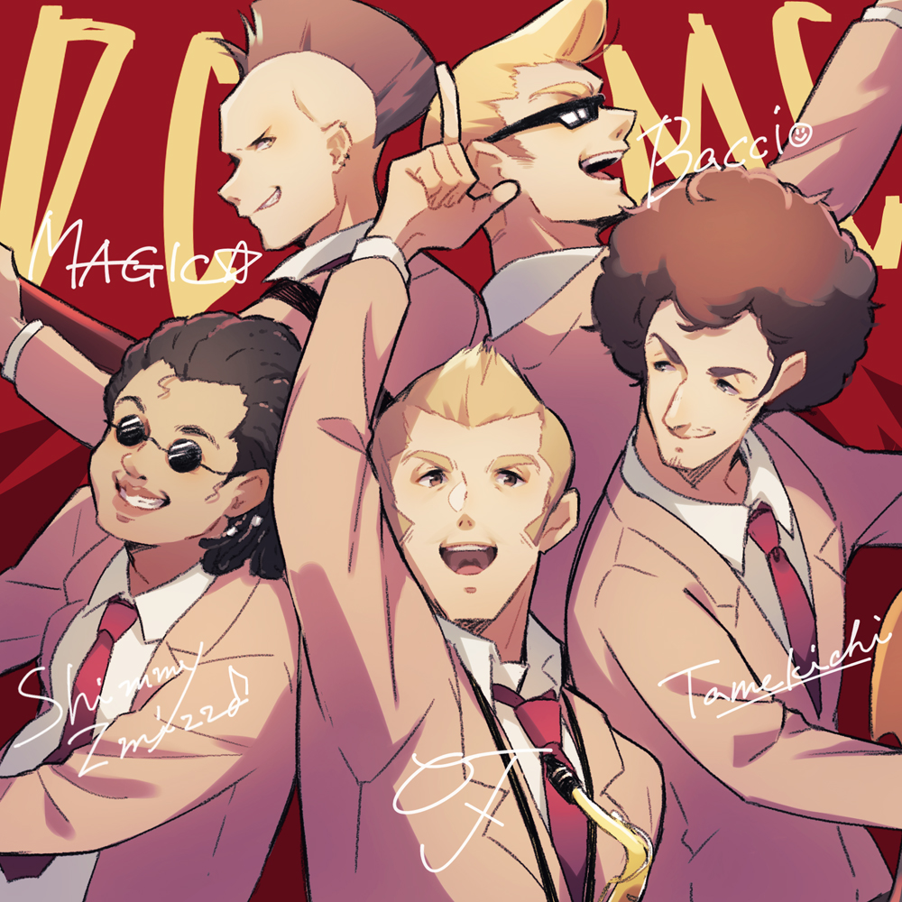 5boys afro batch blonde_hair brown_hair character_name collared_shirt dcmc dreadlocks duster_(mother) grey_eyes grimace instrument jacket long_sideburns magic_(mother) male_focus mohawk mother_(game) mother_3 multiple_boys necktie oj open_mouth pink_jacket pointing pointing_up pompadour red_background red_necktie round_eyewear saxophone shifumame shimmy_zmizz shirt sideburns smile sunglasses tinted_eyewear white_shirt