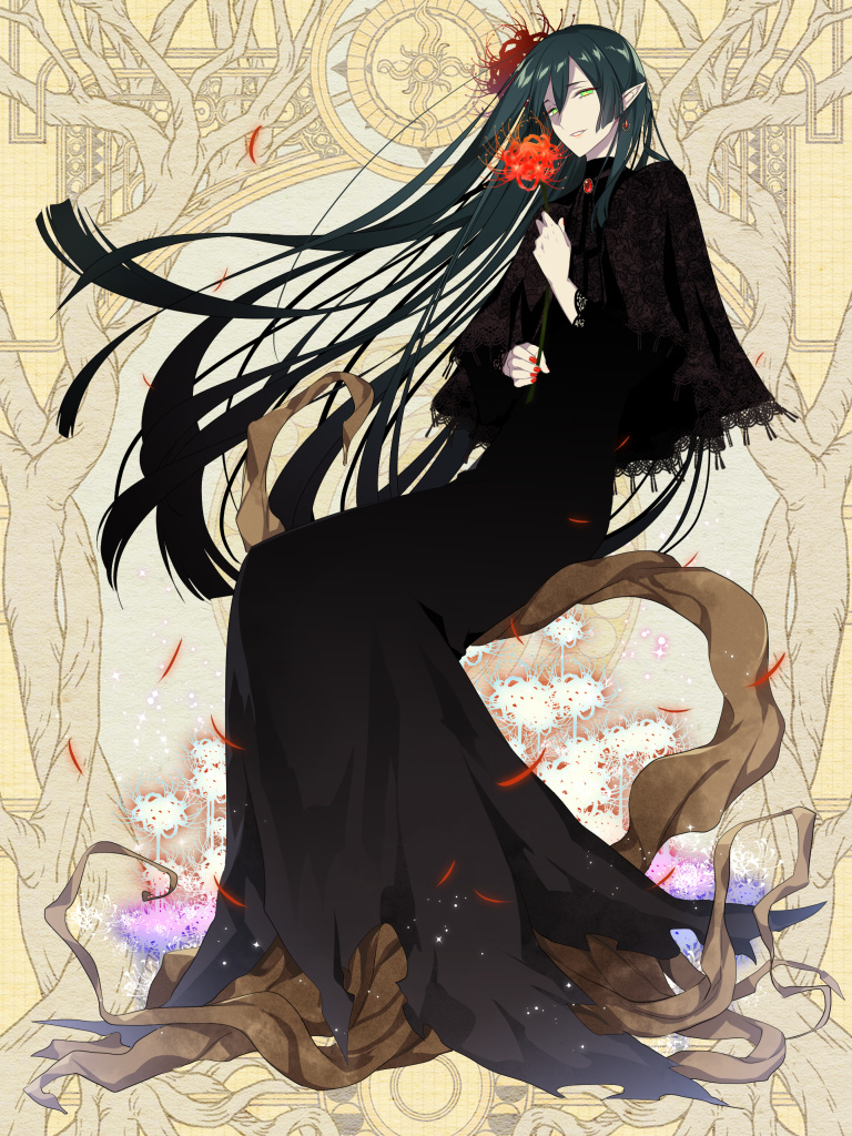 1girl black_capelet black_dress blunt_ends brooch capelet dairoku_ryouhei dress earrings flower full_body gem green_eyes green_hair hair_between_eyes hair_flower hair_ornament holding holding_flower in_tree jewelry l_(matador) lace-trimmed_capelet lace_trim long_dress long_hair long_sleeves looking_at_viewer nail_polish official_art parted_lips pointy_ears red_flower red_gemstone red_nails sitting sitting_in_tree smile solo spider_lily tengai_kasoke tree very_long_hair yellow_background