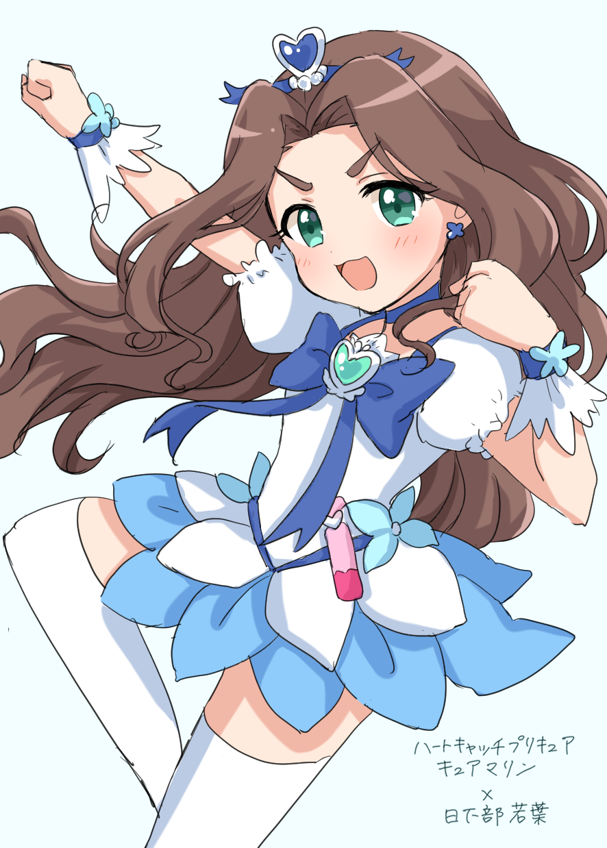 1girl arm_up blue_background blue_bow blue_bowtie blue_choker blue_headband blue_wrist_cuffs blush bow bowtie breasts brooch brown_hair choker clenched_hands cosplay cure_marine cure_marine_(cosplay) dot_nose dress earrings green_eyes hair_ornament hand_up headband heart heart_brooch heart_hair_ornament heartcatch_precure! highres idolmaster idolmaster_cinderella_girls idolmaster_cinderella_girls_starlight_stage jewelry kahiika kusakabe_wakaba layered_dress leg_up long_hair looking_at_viewer magical_girl open_mouth precure puffy_short_sleeves puffy_sleeves short_sleeves simple_background small_breasts smile solo standing standing_on_one_leg thick_eyebrows thigh-highs two-tone_dress v-shaped_eyebrows wavy_hair white_thighhighs