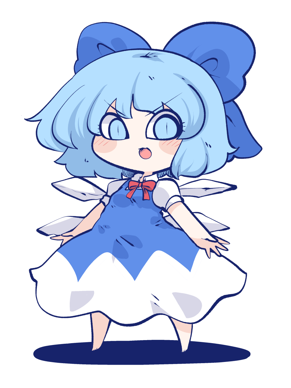 1girl :o aqua_eyes aqua_hair barefoot blue_bow blue_dress blush bow chahan_(fried_rice0614) chibi cirno collared_shirt commentary dress full_body hair_bow highres ice ice_wings looking_at_viewer neck_ribbon open_mouth pinafore_dress puffy_short_sleeves puffy_sleeves red_ribbon ribbon shadow shirt short_hair short_sleeves simple_background sleeveless sleeveless_dress solo standing touhou two-tone_dress white_background white_dress white_shirt wings