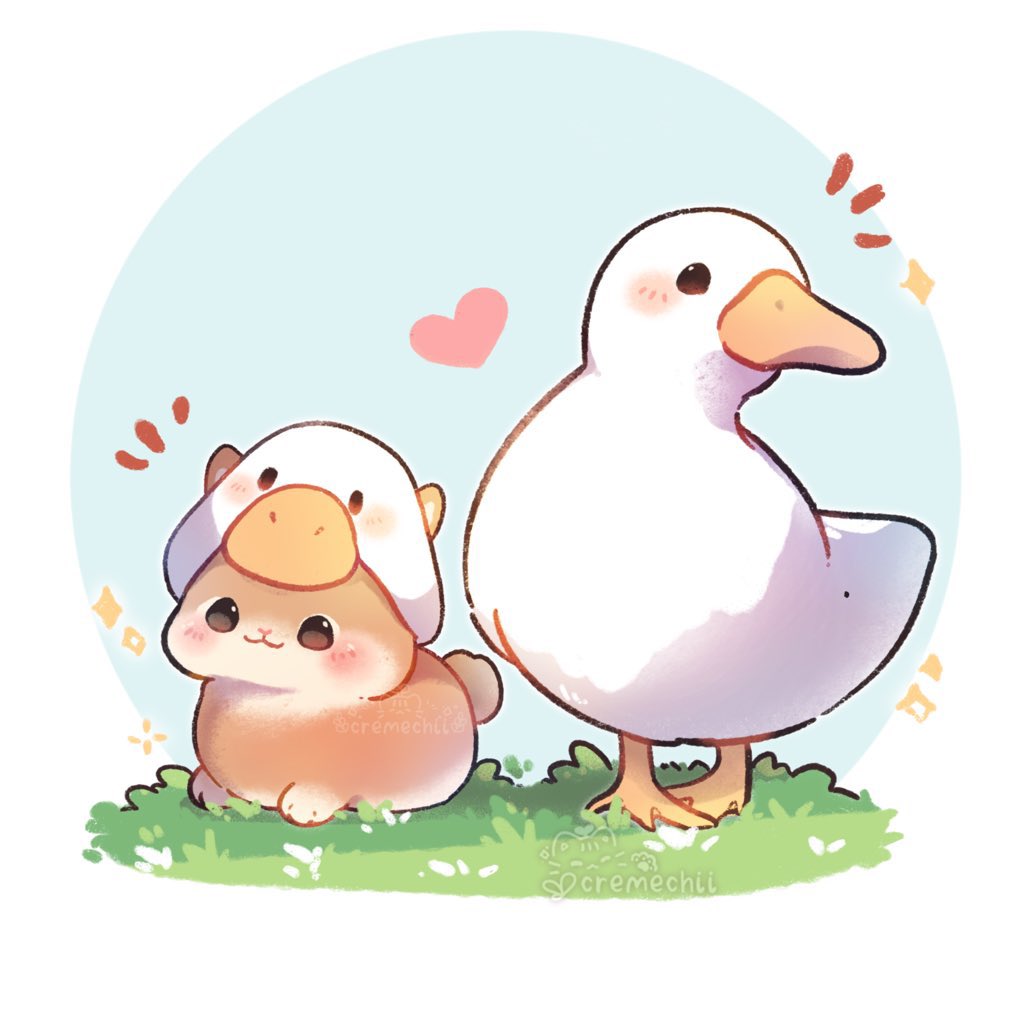 :3 animal animal_focus artist_name bird brown_eyes brown_rabbit closed_mouth cremechii duck english_text friends grass hat heart no_humans original outdoors rabbit simple_background sparkle watermark white_background