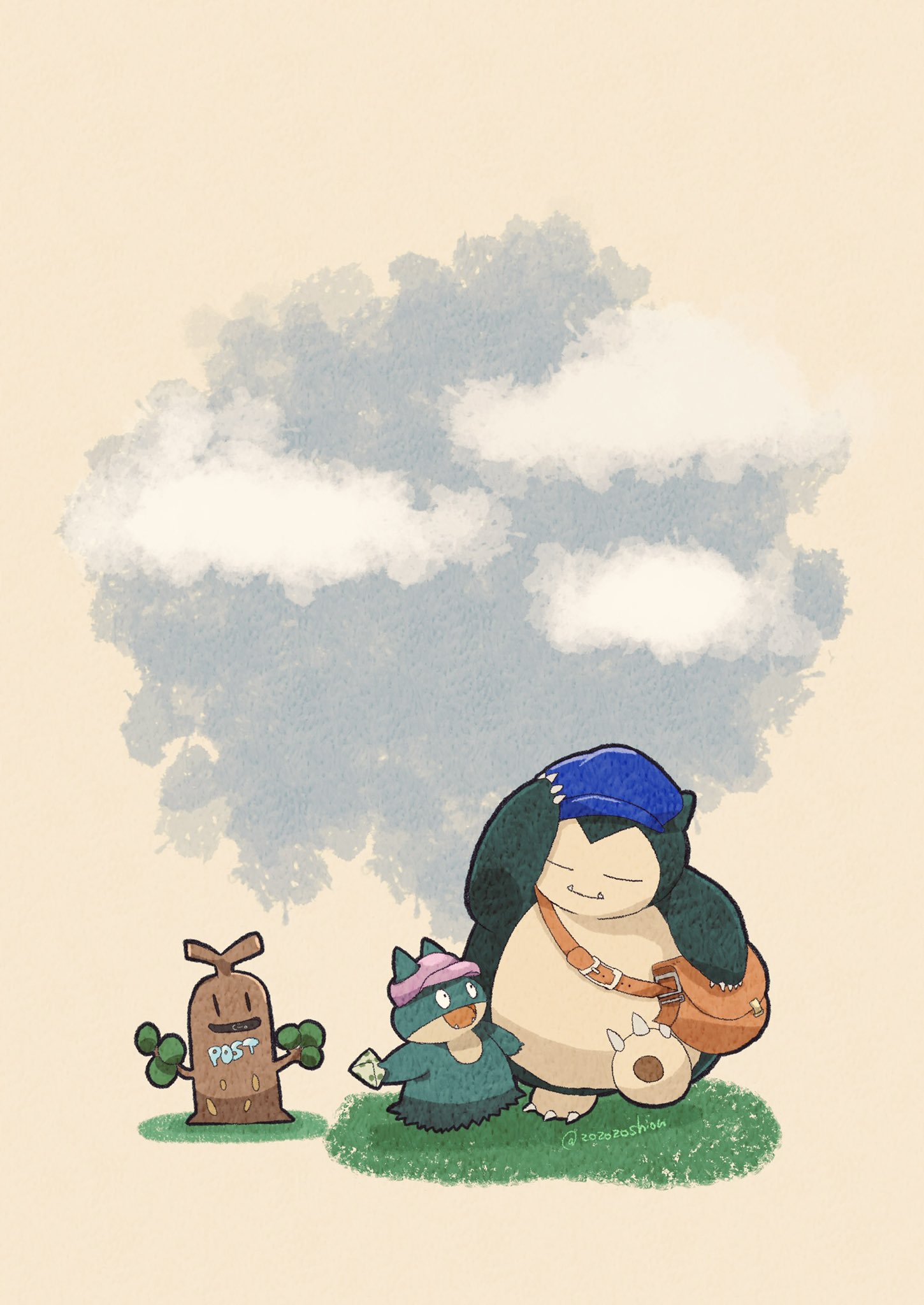animal_focus artist_name bag blue_headwear blue_sky clouds commentary evolutionary_line fangs highres munchlax no_humans on_grass open_mouth pokemon pokemon_(creature) shoulder_bag simple_background sky smile snorlax sudowoodo symbol-only_commentary twitter_username walking white_background zozozoshion
