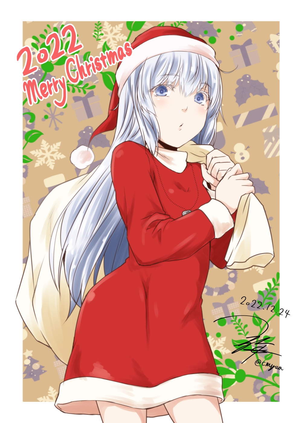 1girl 2022 artist_name blue_eyes christmas commentary cowboy_shot dated dog_tags dress english_text fur-trimmed_dress fur-trimmed_headwear fur_trim grey_hair hat hibiki_(kancolle) highres holding holding_sack kantai_collection long_hair long_sleeves merry_christmas over_shoulder parted_lips red_dress sack santa_dress santa_hat signature solo standing yua_(checkmate)