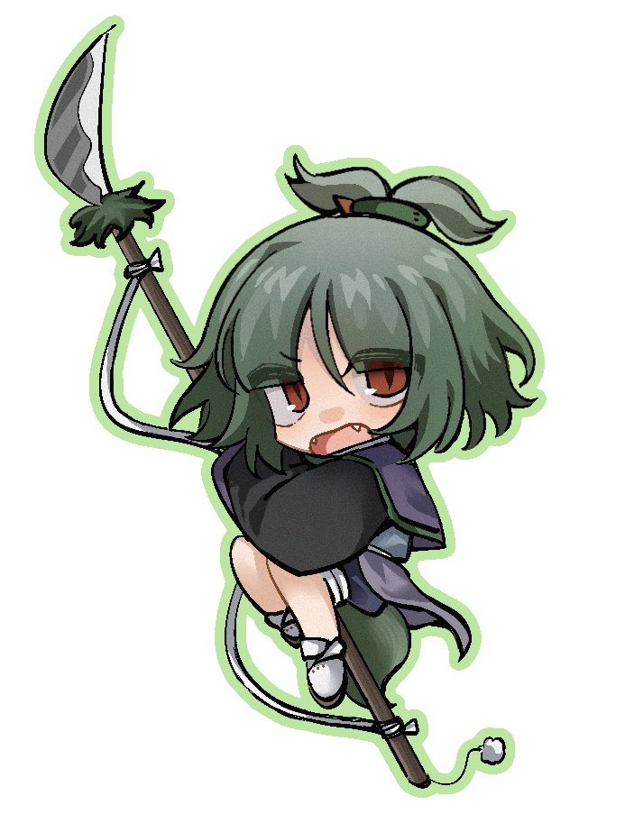 1other adagumo_no_saragimaru androgynous black_sleeves blue_shorts blue_vest brown_footwear buttons capelet chibi fangs frown green_hair green_outline hair_ornament high_ponytail holding holding_polearm holding_weapon huge_weapon japanese_clothes len'en long_sleeves looking_at_viewer naginata open_mouth other_focus outline polearm pom_pom_(clothes) puffy_shorts purple_capelet red_eyes ribbon sandals short_hair short_ponytail shorts simple_background slit_pupils snake_hair_ornament socks solo split_ponytail v-shaped_eyebrows vest weapon white_background white_ribbon white_socks wide_sleeves xiao_ganju_nailuo