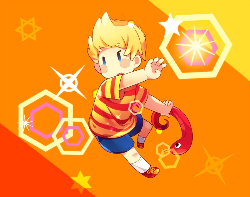 0mzum1 1boy arm_up blonde_hair blue_eyes blue_shorts blush commentary_request glint hexagon hexagram lucas_(mother_3) male_focus mother_(game) mother_3 multicolored_background open_mouth orange_background quiff red_background red_footwear red_shirt rope_snake shirt shoes short_hair short_sleeves shorts simple_background snake socks solo star_(symbol) striped striped_shirt t-shirt two-tone_shirt white_socks yellow_background yellow_shirt