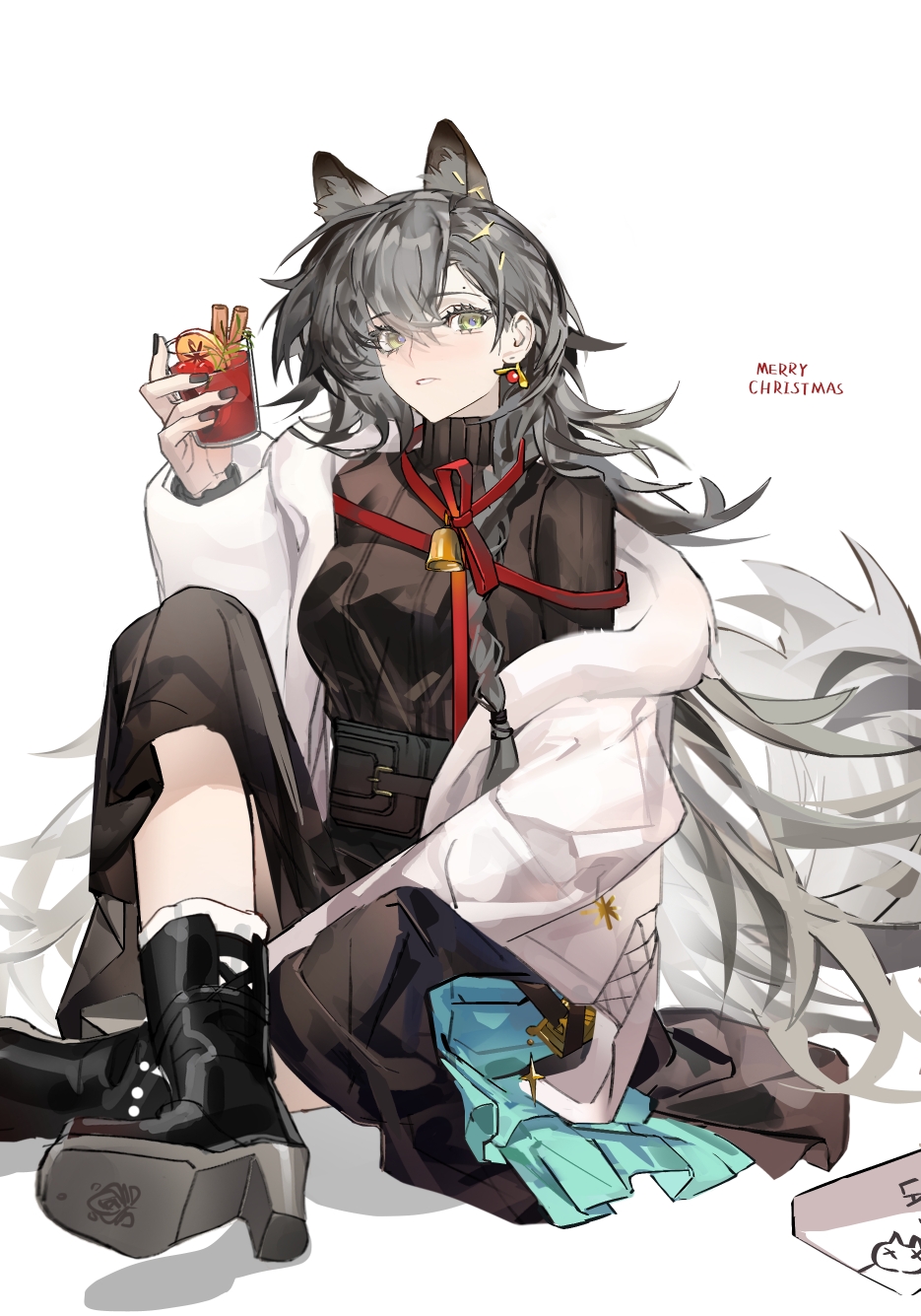 1girl animal_ear_fluff animal_ear_piercing animal_ears arknights bell black_hair black_skirt black_sweater blush boots cherry cinnamon_stick drink earrings extra_ears food fruit fur-trimmed_jacket fur_trim hair_between_eyes high_heel_boots high_heels highres holding holding_drink jacket jewelry long_hair looking_at_viewer merry_christmas mole mole_above_mouth off_shoulder official_alternate_costume open_clothes open_jacket orange_(fruit) orange_slice orion_lan parted_lips penance_(arknights) penance_(occasionally_flushed)_(arknights) red_ribbon ribbon simple_background sitting skirt smile solo sweater very_long_hair white_background white_jacket wolf_ears yellow_eyes