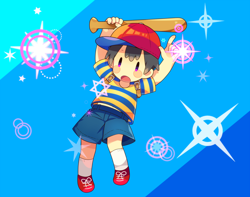0mzum1 1boy aqua_background arms_up backpack bag baseball_bat baseball_cap black_hair blue_background blue_shirt blue_shorts blush commentary_request glint hair_between_eyes hat hexagram holding holding_baseball_bat looking_at_viewer male_focus mother_(game) mother_2 multicolored_background ness_(mother_2) open_mouth red_footwear red_headwear shirt shoes short_hair short_sleeves shorts sideways_hat simple_background socks solo star_(symbol) striped striped_shirt t-shirt two-tone_shirt violet_eyes white_socks yellow_shirt