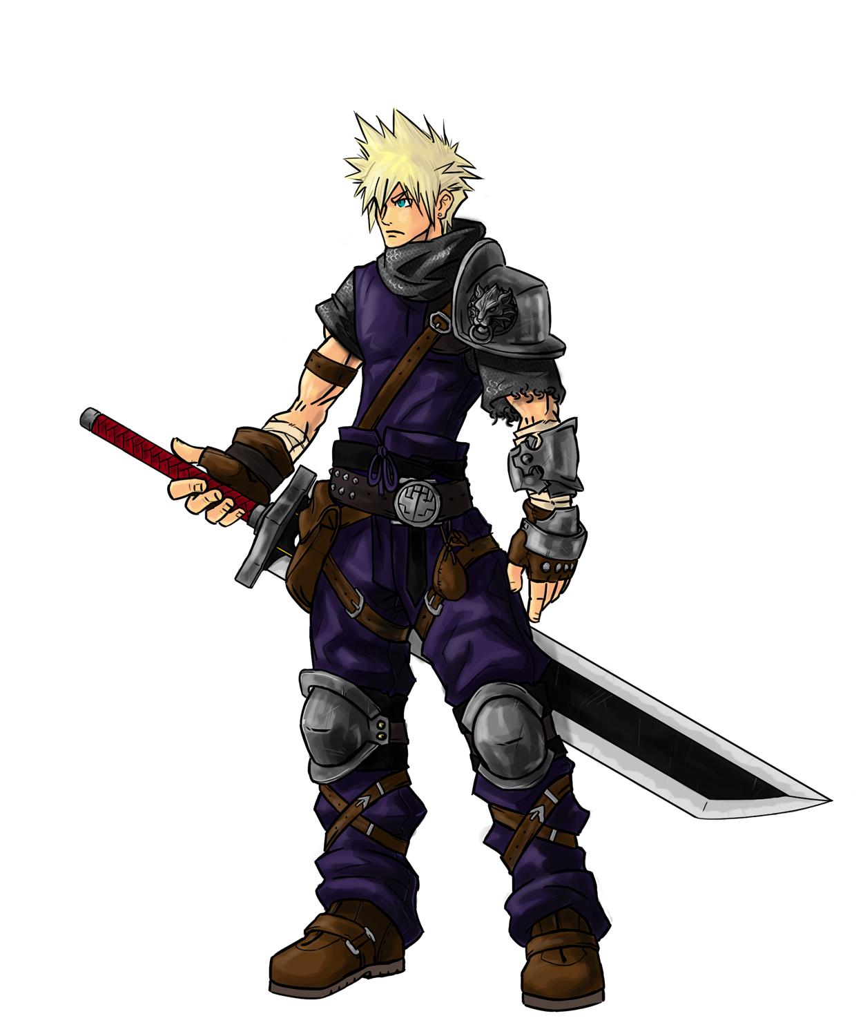 1boy alternate_costume arm_armor armor baggy_pants bandaged_arm bandages belt belt_pouch blonde_hair blue_eyes boots brown_footwear buster_sword chainmail closed_mouth cloud_strife earrings final_fantasy final_fantasy_vii fingerless_gloves full_body gloves guillem_dauden hair_over_one_eye highres holding holding_sword holding_weapon jewelry knee_pads leg_belt male_focus medieval pants pauldrons pouch purple_pants purple_shirt shirt short_sleeves shoulder_armor single_pauldron spiky_hair studded_gloves sword weapon white_background