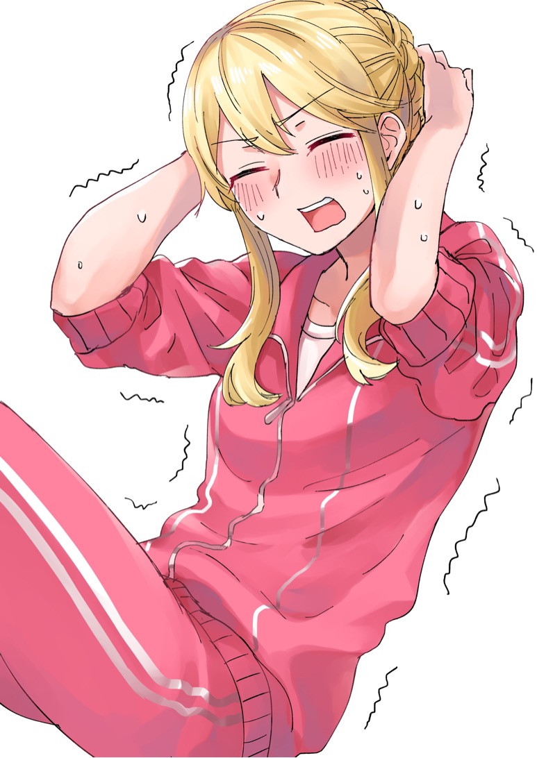 1girl arms_behind_head blonde_hair blush breasts clarice_(idolmaster) closed_eyes collarbone exercise idolmaster idolmaster_cinderella_girls idolmaster_cinderella_girls_starlight_stage jacket knee_up long_hair long_sleeves medium_breasts motion_lines namiko817 open_mouth pants pink_jacket pink_pants shirt sidelocks sit-up solo sweat teeth track_jacket track_pants upper_teeth_only v-shaped_eyebrows white_shirt zipper zipper_pull_tab