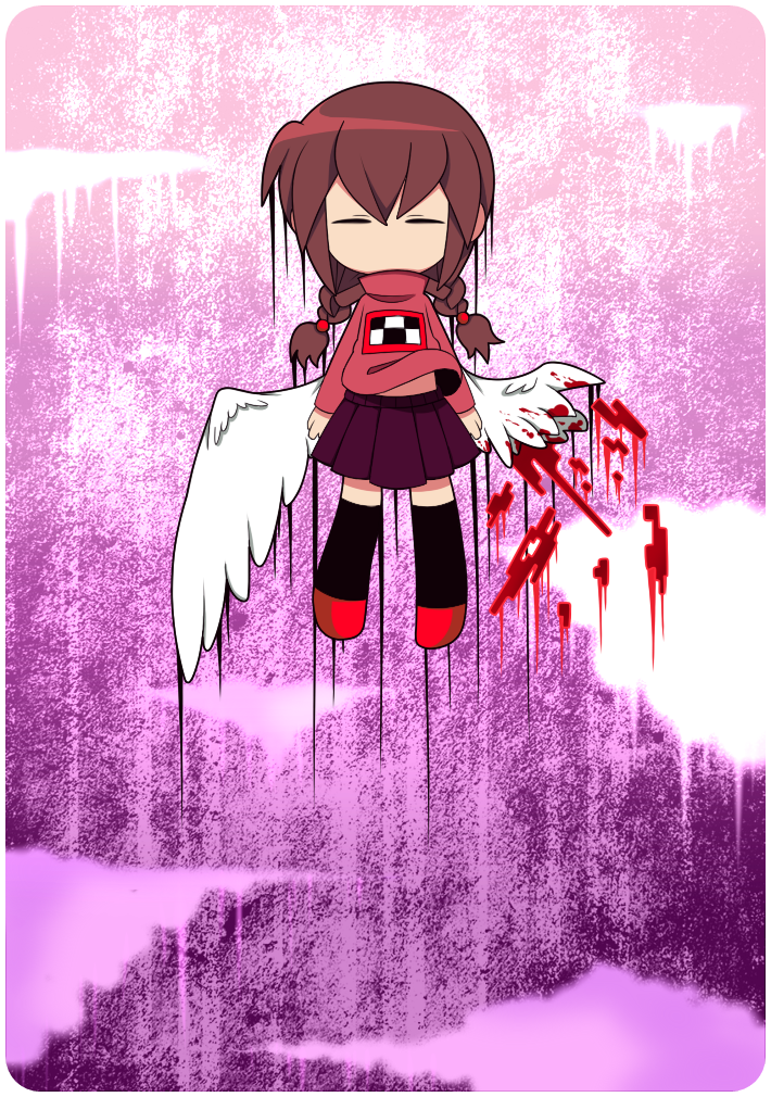 1girl angel_wings black_thighhighs blood bloody_wings border braid brown_hair closed_eyes clouds feathered_wings flying funamusea_(style) madotsuki no_mouth pink_background pink_sweater print_sweater purple_skirt red_footwear skirt solo sweater thc_(thc3795) thigh-highs turtleneck turtleneck_sweater twin_braids white_border wings yume_nikki
