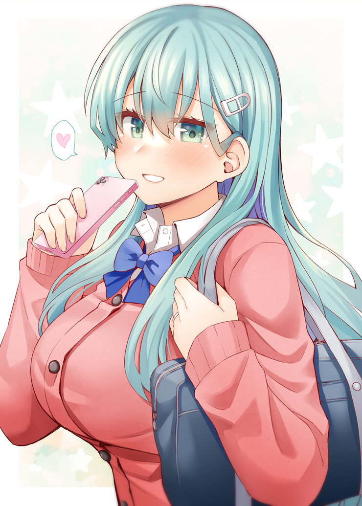 1girl aqua_eyes aqua_hair bag blue_bow blue_bowtie blush bow bowtie breasts buttons cardigan cellphone collared_shirt grin hair_between_eyes hair_ornament hairclip heart holding holding_phone kantai_collection large_breasts long_hair long_sleeves looking_at_viewer official_alternate_costume phone pink_cardigan revision rui_shi_(rayze_ray) school_bag school_uniform shirt smartphone smile solo spoken_heart suzuya_(kancolle) upper_body white_shirt