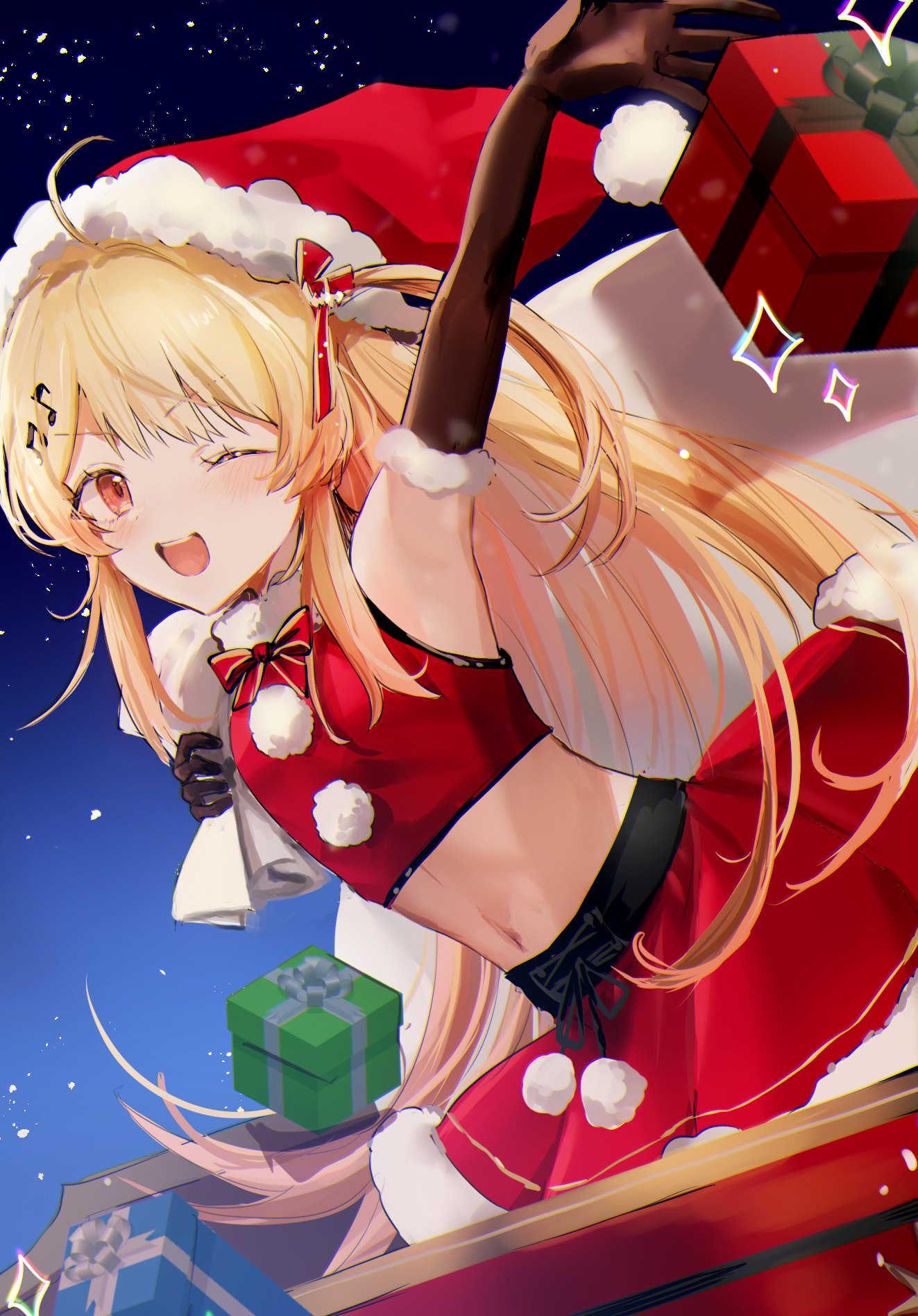 1girl ahoge akebisousaku blonde_hair blush bow box elbow_gloves fur-trimmed_gloves fur-trimmed_skirt fur_trim gift gift_box gloves hair_ornament hair_ribbon hat highres holding holding_sack hololive hololive_dev_is long_hair looking_at_viewer musical_note musical_note_hair_ornament one_eye_closed one_side_up open_mouth otonose_kanade pom_pom_(clothes) red_eyes red_ribbon red_shirt red_skirt ribbon sack santa_costume santa_hat shirt skirt sky smile solo star_(sky) starry_sky virtual_youtuber
