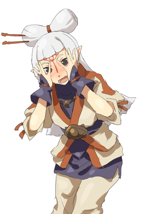 1girl blush brown_eyes covering_face embarrassed facial_mark forehead_mark hair_ornament hair_stick long_hair looking_at_viewer mdf_an paya_(zelda) peeking_through_fingers pointy_ears sheikah sidelocks simple_background solo the_legend_of_zelda the_legend_of_zelda:_breath_of_the_wild wavy_mouth white_background white_hair wrist_cuffs