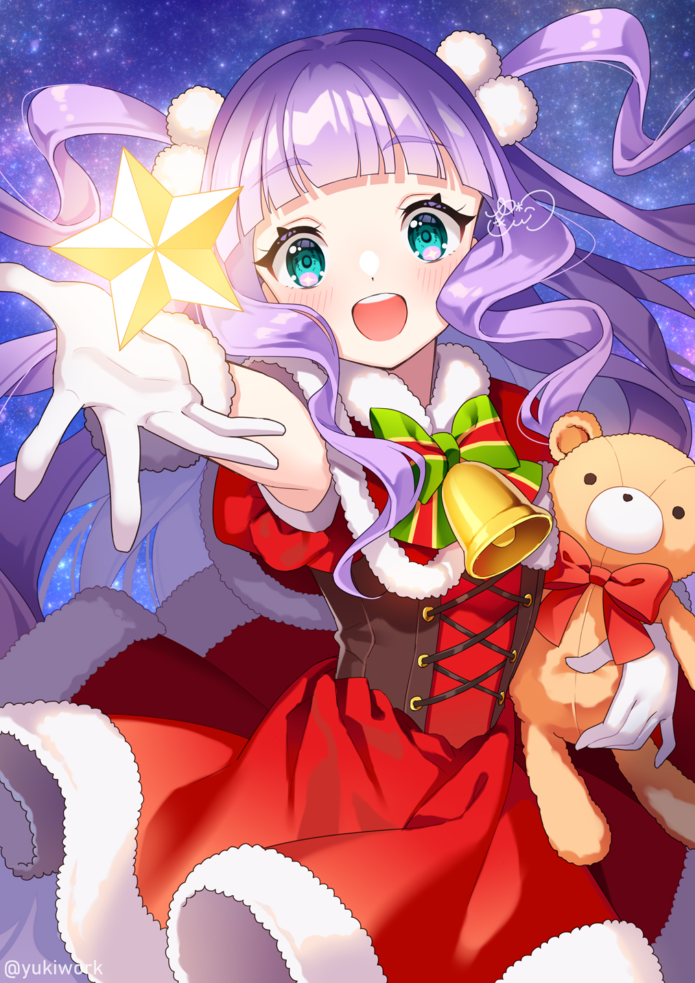 1girl alternate_costume aqua_hair artist_name bell bow bowtie capelet christmas commentary cowboy_shot cure_majesty dress ellee-chan english_commentary fur-trimmed_capelet fur-trimmed_dress fur-trimmed_gloves fur_trim gloves green_bow green_bowtie highres hirogaru_sky!_precure holding holding_stuffed_toy long_hair looking_at_viewer neck_bell night night_sky open_mouth outdoors precure purple_hair reaching reaching_towards_viewer red_capelet red_dress santa_dress short_dress short_sleeves signature sky smile solo standing star_(symbol) stuffed_animal stuffed_toy teddy_bear twitter_username two_side_up very_long_hair white_gloves yukinko_(yukiwork)