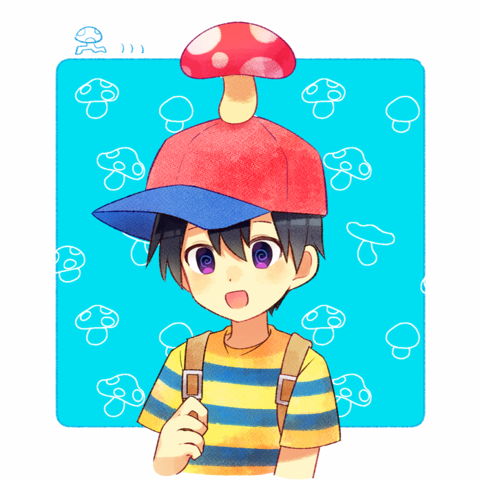 0mzum1 1boy @_@ backpack bag baseball_cap black_hair blue_background blue_shirt blush border commentary_request hair_between_eyes hand_up hat male_focus mother_(game) mother_2 mushroom mushroom_on_head ness_(mother_2) open_mouth outside_border ramblin'_evil_mushroom red_headwear shirt short_hair short_sleeves sideways_hat simple_background solo striped striped_shirt t-shirt two-tone_shirt upper_body violet_eyes white_border yellow_shirt