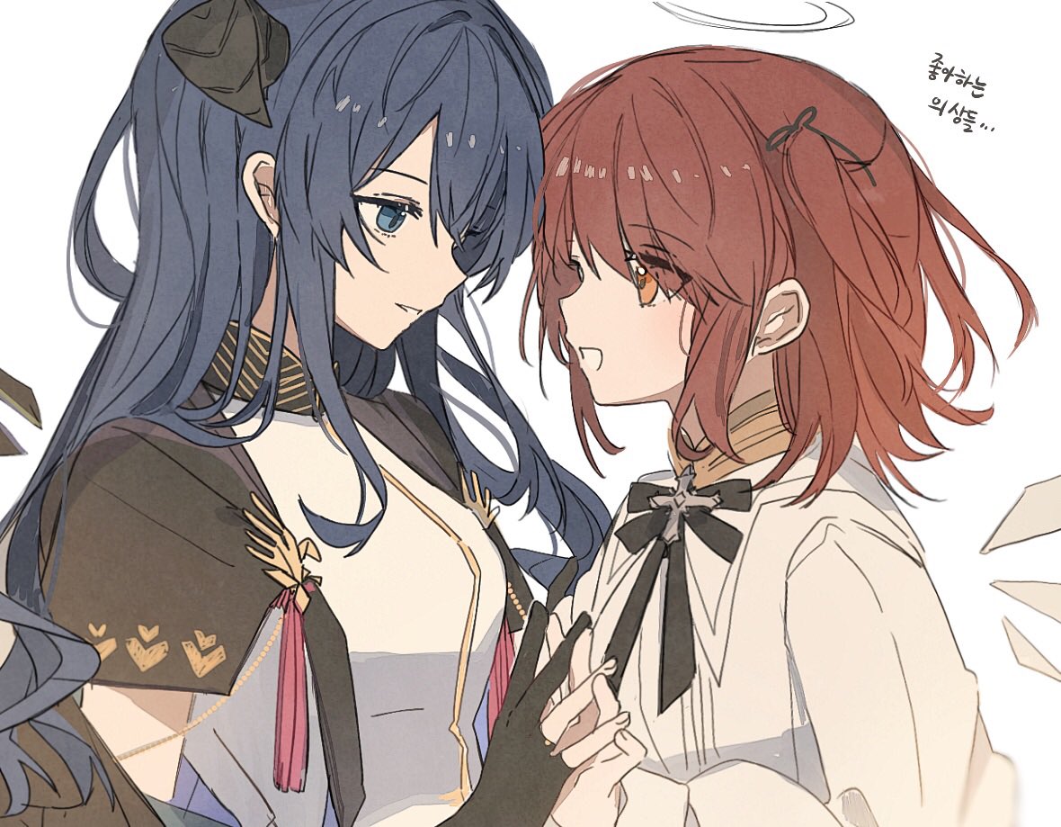 2girls arknights black_capelet black_gloves black_horns black_ribbon black_wings blue_eyes blue_hair breasts capelet commentary_request demon_horns detached_wings energy_wings exusiai_(arknights) eye_contact fallen_angel fingernails flat_chest from_side gloves grey_background hair_between_eyes hair_flowing_over hair_ribbon half-closed_eyes halo happy height_difference high_collar high_side_ponytail holding_hands horns korean_commentary korean_text long_hair long_sleeves looking_at_another looking_down looking_up medium_breasts mostima_(arknights) mostima_(spellbreaker)_(arknights) multiple_girls neck_ribbon official_alternate_costume open_mouth orange_eyes parted_lips partially_fingerless_gloves profile puffy_long_sleeves puffy_sleeves redhead ribbon seri_(vyrlw) shirt short_hair short_ponytail side_ponytail sidelocks simple_background smile spread_fingers standing straight_hair translation_request upper_body white_shirt wings yellow_wings yuri