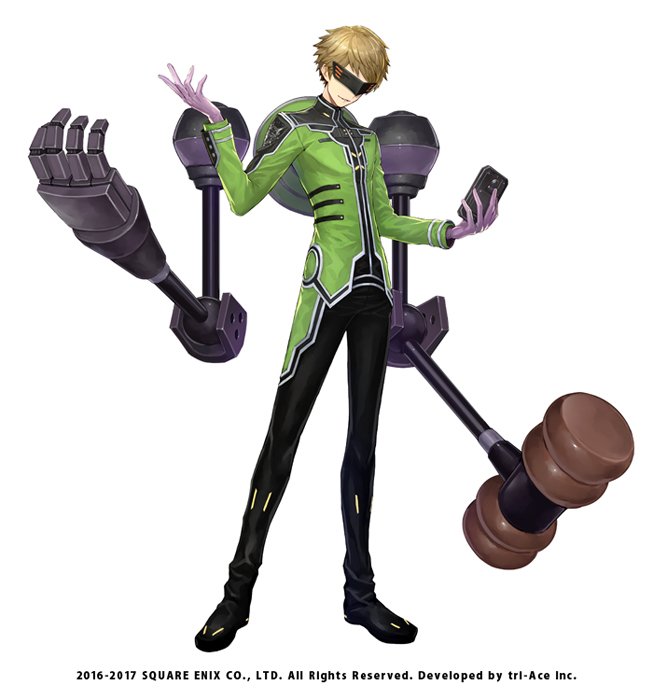 1boy black_collar black_footwear black_mask black_pants blonde_hair cellphone coat collar collared_coat commentary_request copyright_notice covered_eyes eye_mask full_body gloves green_coat green_sleeves hal_(star_ocean) hammer high_collar holding holding_phone kijimoto_yuuhi long_sleeves machinery male_focus official_art outstretched_arm pants parted_lips phone purple_gloves robot shoes short_hair simple_background smartphone smile solo star_ocean star_ocean_anamnesis very_short_hair white_background