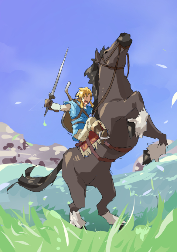 1boy blonde_hair blush boots bridle champion's_tunic_(zelda) gloves holding holding_reins holding_sword holding_weapon horseback_riding link mdf_an no_eyes open_mouth pointy_ears rearing reins riding saddle shield shield_on_back sketch stirrups_(riding) sword the_legend_of_zelda weapon