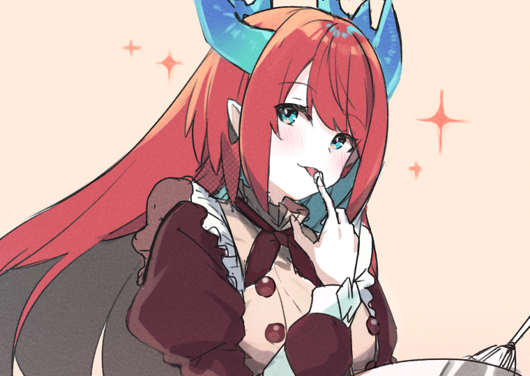 1girl apron blue_eyes bowl dragon_girl dragon_horns duel_monster frilled_apron frills holding holding_bowl horns juliet_sleeves kitchen_dragonmaid licking licking_finger long_hair long_sleeves pointy_ears puffy_sleeves redhead sketch solo tongue tongue_out whisk yu-gi-oh! yun_(yunjirou)