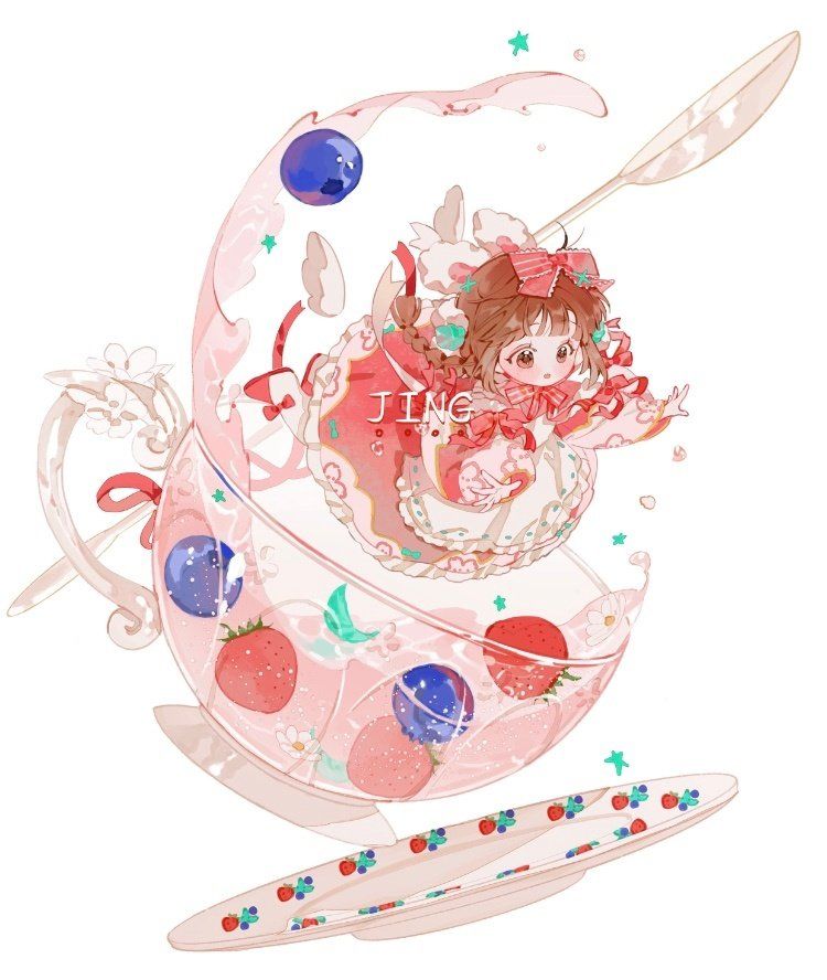 1girl ahoge apron artist_name blueberry bow bow_legwear bowtie braid brown_hair chibi circle_skirt cup dress floral_print food frilled_apron frilled_dress frills fruit hair_bow hair_ribbon in_container in_cup jing_(a_shui_chenmi_xiaoshuo) lace-trimmed_bow lace_trim long_hair long_sleeves medium_dress mini_person minigirl original outstretched_arms pantyhose plaid plaid_bow plaid_bowtie puffy_long_sleeves puffy_sleeves red_bow red_bowtie red_dress red_footwear red_ribbon red_sleeves ribbon saucer shoes simple_background solo source_request spilling strawberry striped striped_bow teacup teaspoon third-party_source twin_braids two-tone_sleeves waist_apron white_apron white_background white_pantyhose white_sleeves