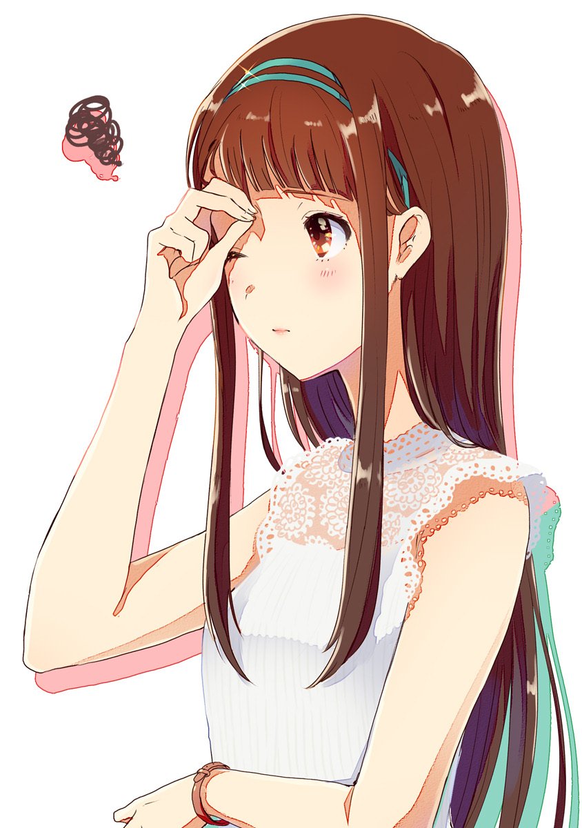 1girl aqua_hairband bare_arms brown_eyes brown_hair commentary_request dress drop_shadow expressionless eyelashes fingernails floral_print hairband highres idolmaster idolmaster_million_live! lace_collar light_blush long_hair looking_ahead pink_lips rubbing_eyes simple_background sleeveless sleeveless_dress solo sparkle squiggle straight_hair tanaka_kotoha upper_body watch watch white_background white_dress witoi_(roa)