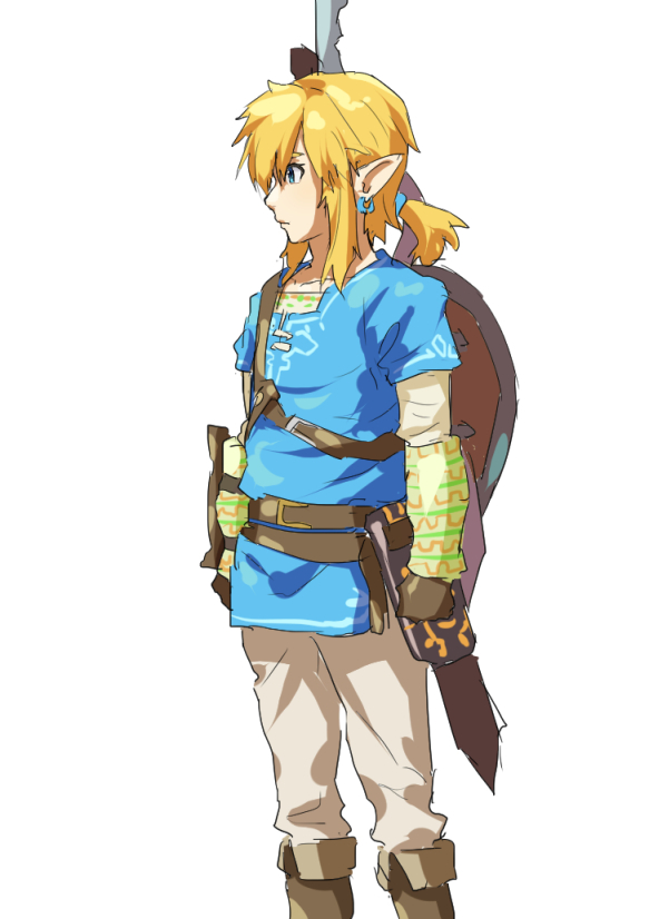 1boy arm_guards baldric belt blonde_hair blue_eyes champion's_tunic_(zelda) earrings feet_out_of_frame from_side hair_tie jewelry link looking_to_the_side mdf_an pointy_ears ponytail sheikah_slate shield shield_on_back sidelocks simple_background sketch solo standing the_legend_of_zelda the_legend_of_zelda:_breath_of_the_wild white_background