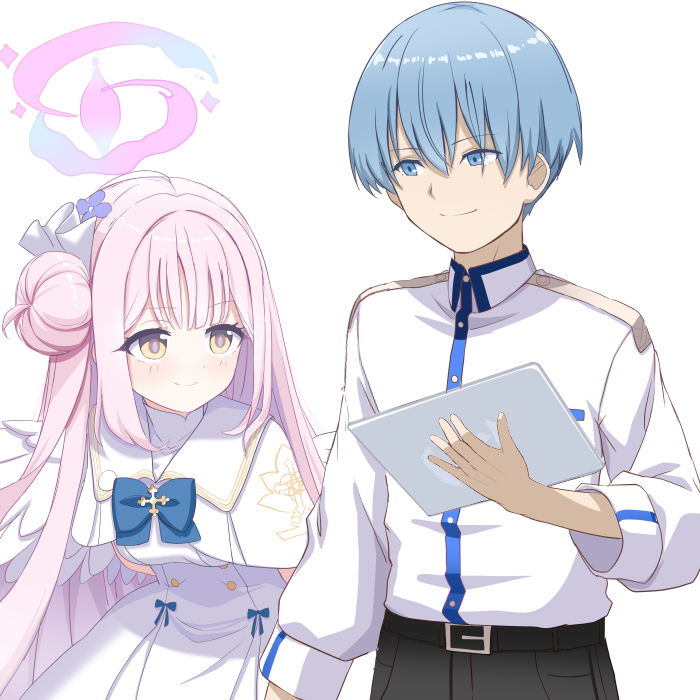 1boy 1girl black_pants blue_archive blue_eyes blue_hair breasts closed_mouth commentary crossover dress hair_between_eyes hair_bun halo himmel_(sousou_no_frieren) holding holding_tablet_pc large_breasts long_hair long_sleeves mika_(blue_archive) o_(rakkasei) pants pink_hair pink_halo sensei_(blue_archive) shirt short_hair simple_background sousou_no_frieren tablet_pc upper_body white_background white_dress white_shirt yellow_eyes