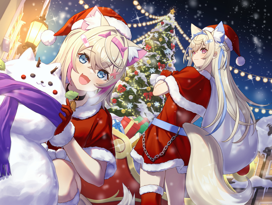 2girls animal_ear_fluff animal_ears bandaid bandaid_hair_ornament blonde_hair blue_eyes blue_hair blush boots christmas christmas_present christmas_tree christmas_tree_hair_ornament closed_mouth dog_ears dog_girl dog_tail dress fang fur-trimmed_boots fur-trimmed_gloves fur-trimmed_headwear fur_trim fuwawa_abyssgard gift gloves hair_ornament hairpin hat holding holding_sack hololive hololive_english long_hair looking_at_viewer medium_hair mococo_abyssgard multicolored_hair multiple_girls night night_sky open_mouth pink_eyes pink_hair red_footwear red_gloves red_headwear sack santa_dress santa_hat shikinagi siblings sisters skin_fang sky smile snowing snowman streaked_hair tail twins two_side_up virtual_youtuber x_hair_ornament