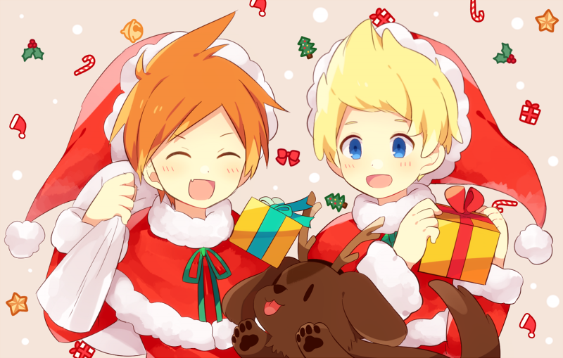 0mzum1 2boys :d ^_^ antlers bell blonde_hair blue_eyes blush boney bow box brothers brown_background candy candy_cane capelet christmas christmas_tree claus_(mother_3) closed_eyes commentary_request dog fake_antlers fang food fur-trimmed_capelet fur-trimmed_headwear fur-trimmed_jacket fur-trimmed_sleeves fur_trim gift gift_box green_ribbon hand_up hands_up hat holding holding_gift holding_sack holly jacket jingle_bell long_sleeves lucas_(mother_3) male_focus mother_(game) mother_3 multiple_boys open_mouth orange_hair parted_bangs pom_pom_(clothes) quiff red_bow red_capelet red_headwear red_jacket reindeer_antlers ribbon sack santa_costume santa_hat short_hair siblings simple_background skin_fang smile star_(symbol) tongue tongue_out upper_body