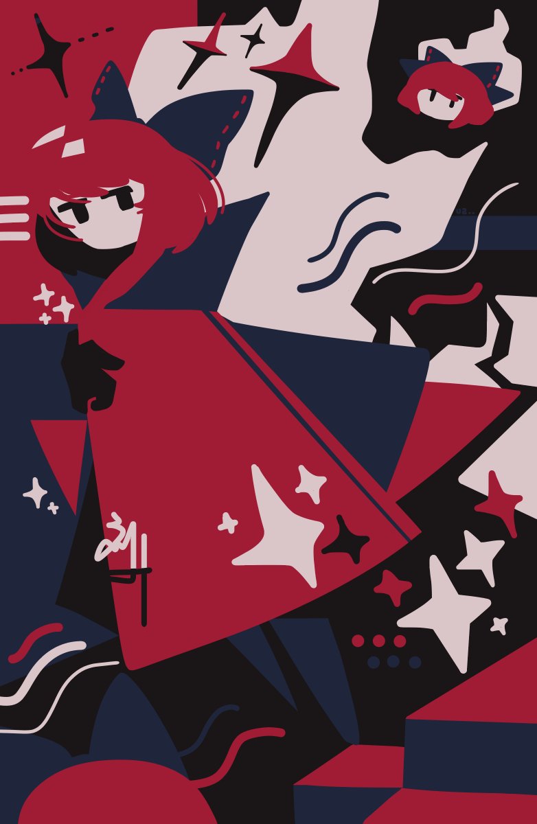 1girl abstract_background blue_bow bow cape cloak disembodied_head floating_head hair_bow highres holding holding_clothes limited_palette no_lineart red_cloak redhead ribbon-trimmed_bow sekibanki short_hair thatpebble touhou