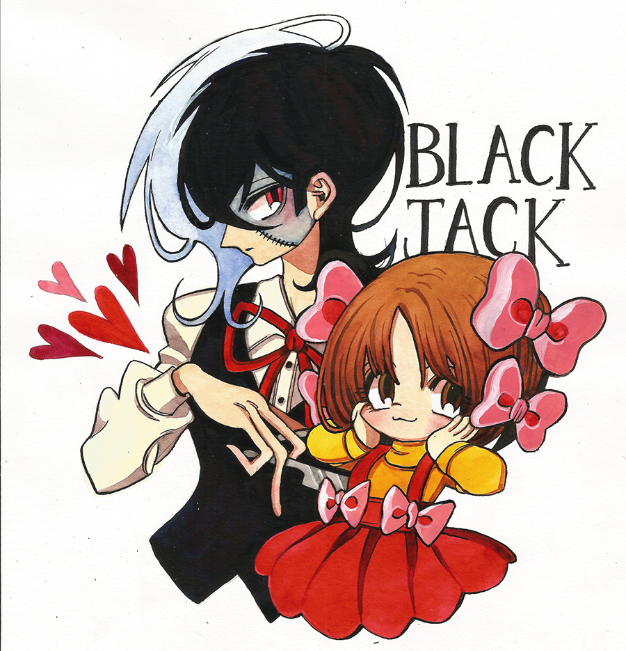 1boy 1girl black_hair black_jack_(character) black_jack_(series) black_vest bow brown_eyes brown_hair child closed_mouth collared_shirt copyright_name cropped_torso hair_bow hair_over_one_eye hands_on_own_cheeks hands_on_own_face hands_up long_sleeves looking_at_viewer meremero multicolored_hair multiple_hair_bows parted_bangs patchwork_skin pink_bow pinoko red_eyes red_ribbon red_skirt ribbon scar scar_on_face shirt short_hair simple_background skirt smile split-color_hair suspender_skirt suspenders sweater two-tone_hair vest white_background white_hair white_shirt yellow_sweater