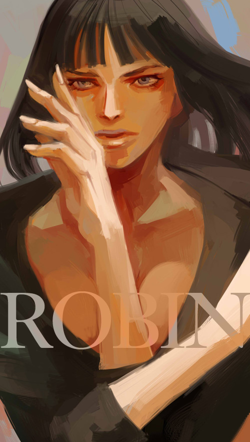 1girl black_hair black_jacket blue_eyes blunt_bangs breasts character_name convenient_arm fingernails jacket koga_(017) lips long_hair medium_breasts nico_robin nose one_piece portrait sleeves_past_elbows sleeves_rolled_up solo tsurime