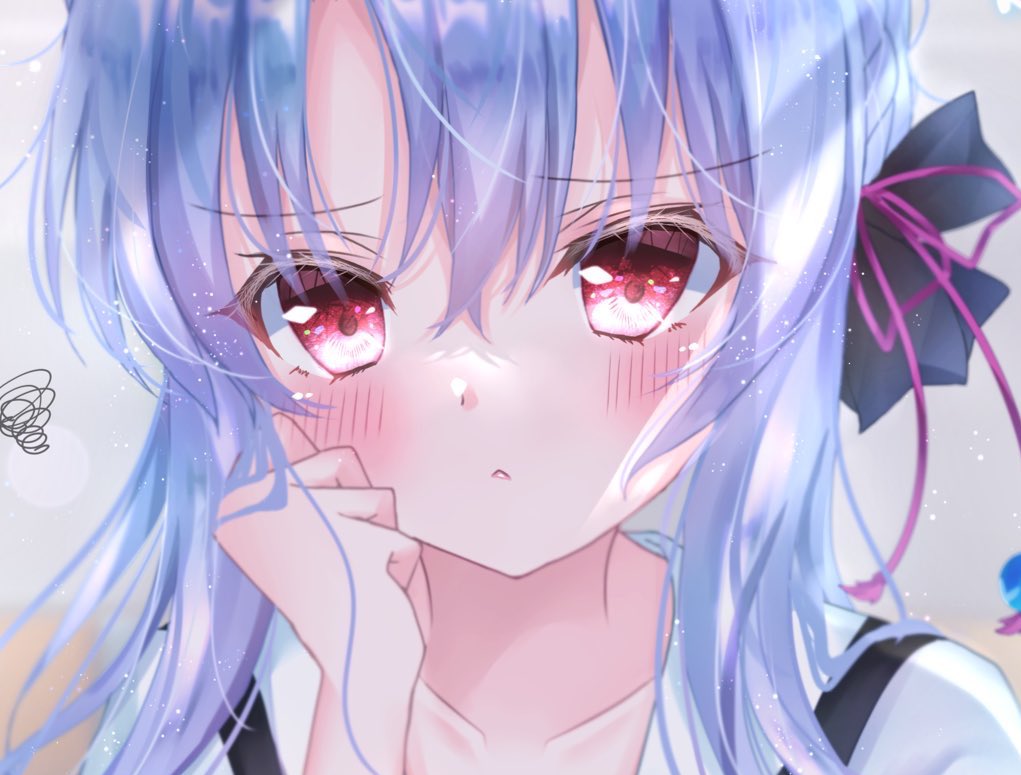 1girl :&lt; black_bow blush bow clenched_hand close-up commentary_request eyelashes eyes_visible_through_hair frown grey_background hair_between_eyes hair_bow hair_ornament hand_on_own_cheek hand_on_own_face hand_up long_hair looking_at_viewer red_eyes sidelighting simple_background solo sorakado_ao squiggle summer_pockets suzu_701kt tassel tassel_hair_ornament v-shaped_eyebrows