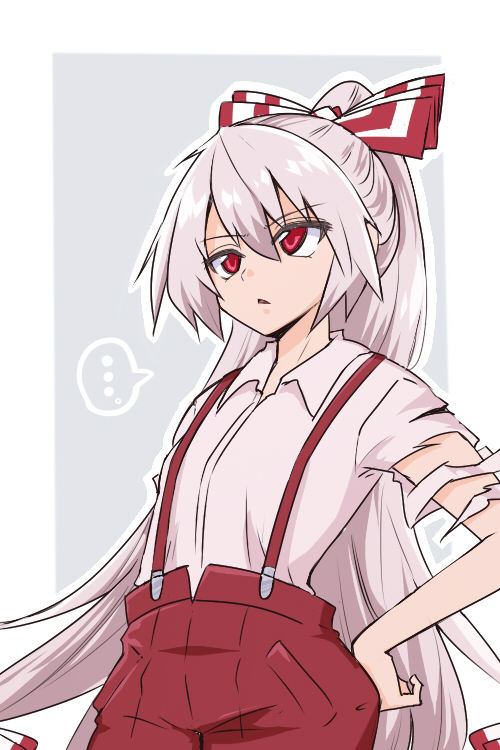 ... 1girl border bow collared_shirt commentary cross-eyed frown fujiwara_no_mokou grey_background hair_between_eyes hair_bow hand_on_own_hip long_hair open_mouth outline pants ponytail red_eyes red_pants shio_(futatsumami) shirt short_sleeves solo spoken_ellipsis suspenders symbol-only_commentary torn_clothes touhou upper_body very_long_hair white_border white_hair white_outline white_shirt