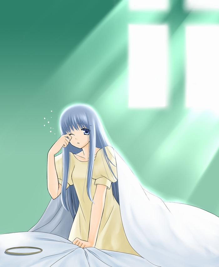 bed bed_sheet circlet dress fire_emblem fire_emblem:_seisen_no_keifu fire_emblem_genealogy_of_the_holy_war lavender_eyes lavender_hair long_hair sheet_grab sleepy wink yuria_(fire_emblem)