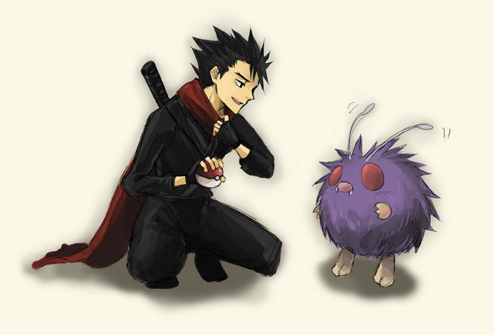 1boy black_hair ginger_(niningasi) holding holding_poke_ball kyou_(pokemon) ninja poke_ball pokemon pokemon_(creature) pokemon_(game) pokemon_rgby scarf venonat