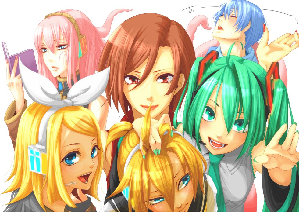 aqua_hair bad_id blonde_hair blue_hair book brown_hair hair_ribbon hatsune_miku headphones headset kagamine_len kagamine_rin kaito megurine_luka meiko mrzn nail_polish pink_hair reading red_eyes ribbon short_hair smile takoluka tentacles twintails vocaloid