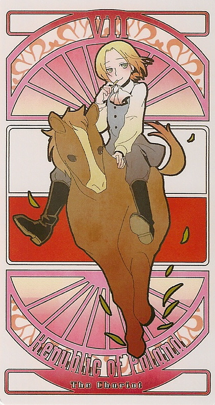 art_nouveau axis_powers_hetalia blonde_hair card_(medium) flag green_eyes male poland_(hetalia) pony receipt riding solo tarot text