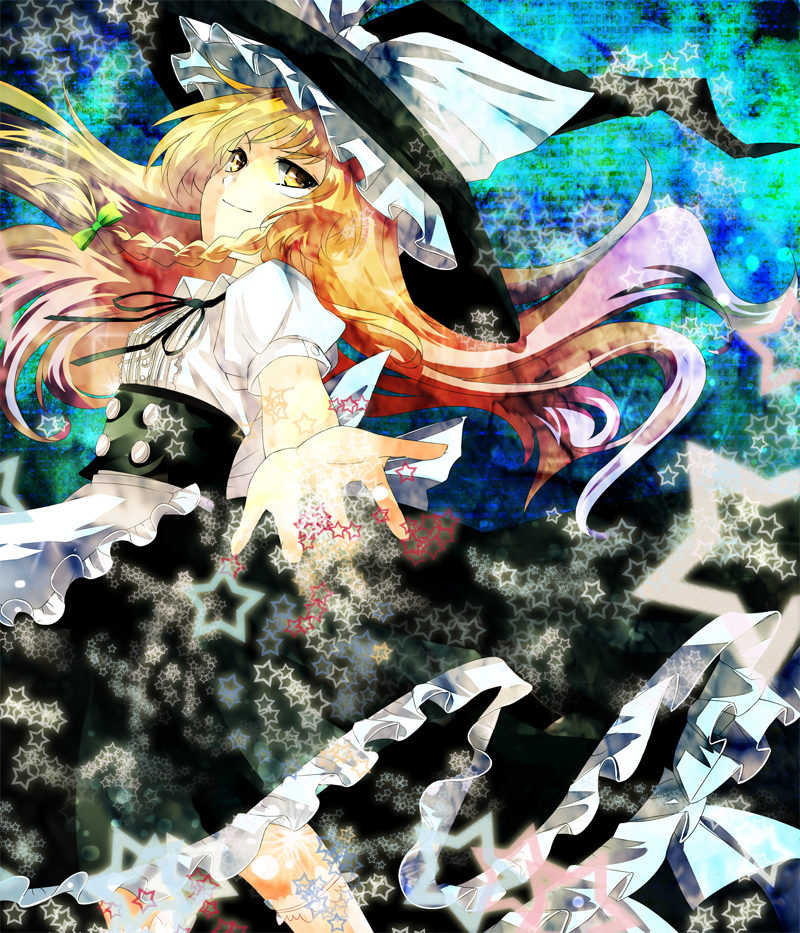 adapted_costume apron blonde_hair bow braid buttons dress foreshortening frills hair_ribbon hat kirisame_marisa long_hair outstretched_arm outstretched_hand ribbon side_braid smile solo star touhou vetina witch_hat yellow_eyes