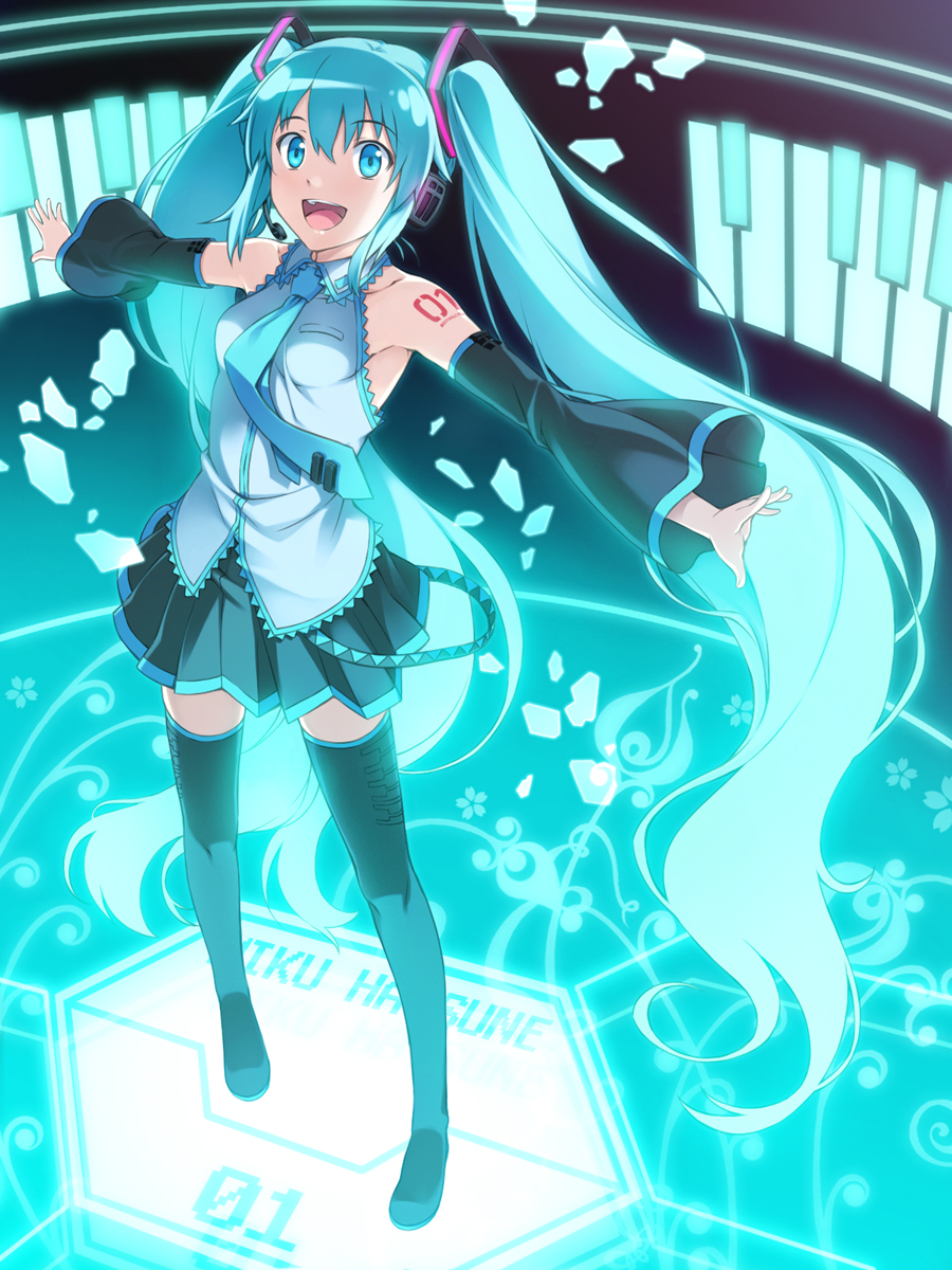 :d aqua_eyes aqua_hair bare_shoulders black_legwear detached_sleeves face hatsune_miku headset highres legs long_hair necktie open_mouth outstretched_arms pleated_skirt skirt smile solo spread_arms thigh-highs thighhighs twintails very_long_hair vocaloid yanagi_(tsukiakari)