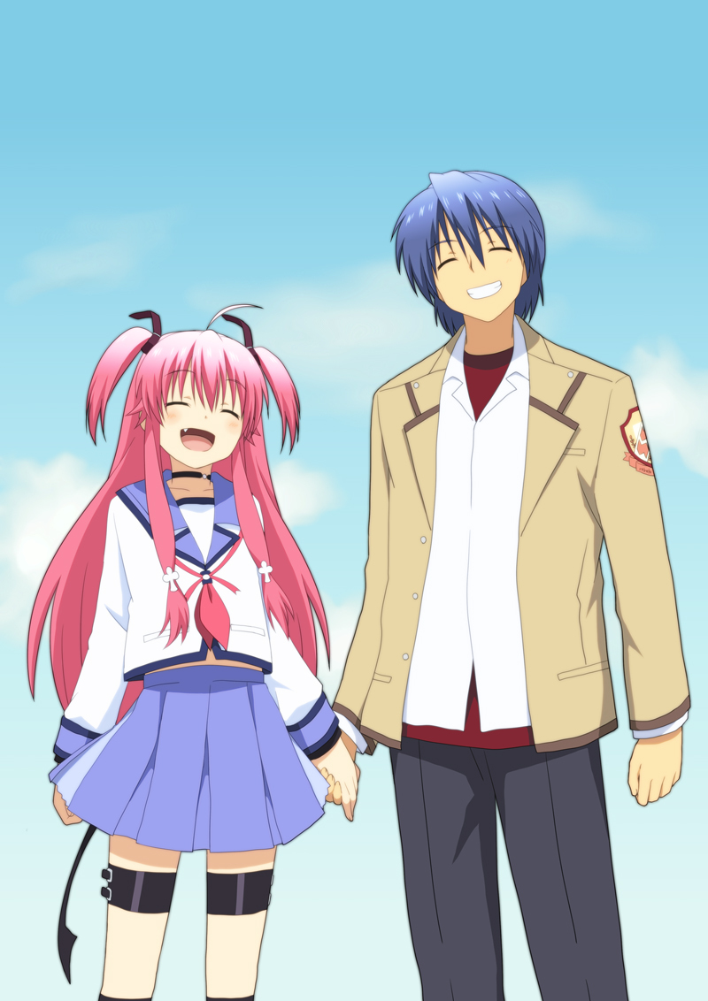 blue_hair closed_eyes couple height_difference hinata_(angel_beats!) holding_hands long_hair pink_hair school_uniform serafuku short_hair tail twintails yui_(angel_beats!) yuuya_(musaishoku) yuuya_(tnkb)