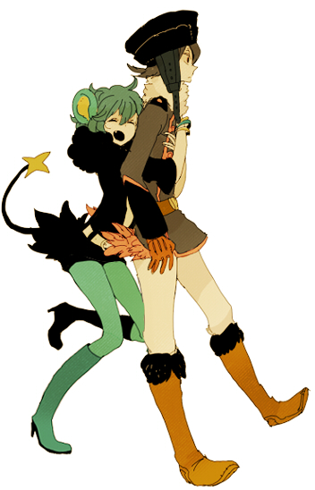 costume fang green_legwear hat honchkrow hug l_hakase luxray moemon pantyhose personification pokemon tail