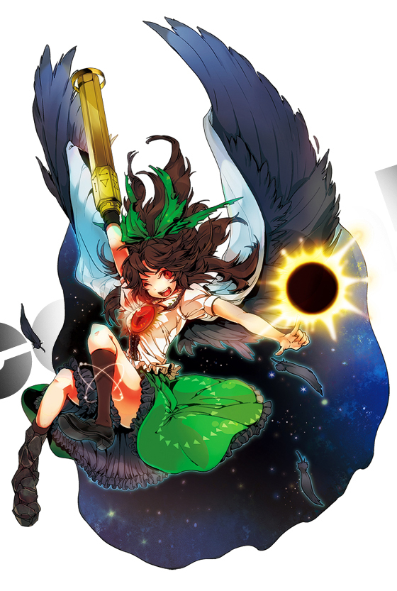 asymmetrical_clothes black_sun bow brown_hair cape eyes hair_bow long_hair mismatched_footwear red_eyes reiuji_utsuho solo touhou weapon wings yukizen