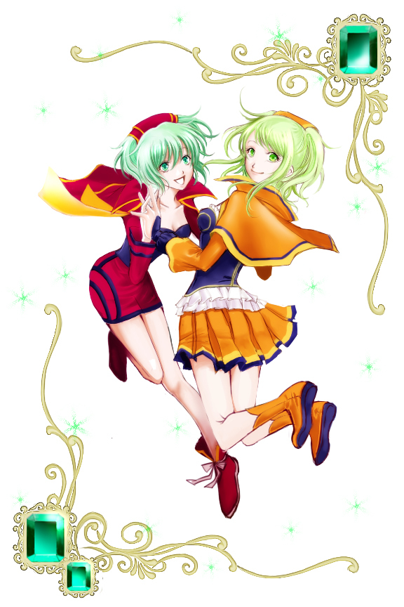 bad_id boots capelet dress dual_persona espgaluda green_eyes green_hair holding_hands jumping multiple_girls nachi nachi_(5200) orange_dress pleated_skirt red_dress shoes short_hair skirt sparkle tateha