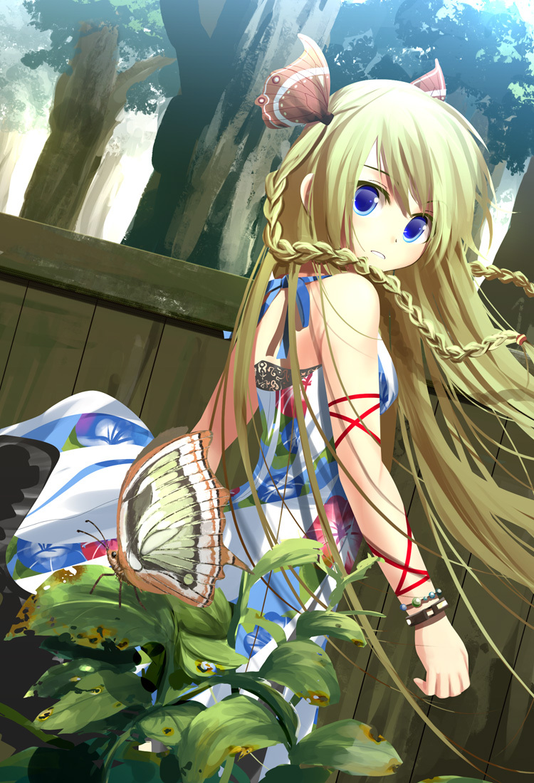 blue_eyes bracelet braid butterfly dress hair_ornament jewelry kouji_(astral_reverie) long_hair looking_back original plant solo tree twin_braids wristband