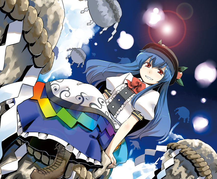 blue_hair boots cloud clouds cross-laced_footwear dutch_angle food from_below fruit grin hat hinanawi_tenshi hota keystone lace-up_boots lens_flare long_hair long_skirt peach red_eyes rock shimenawa sitting skirt smile solo touhou