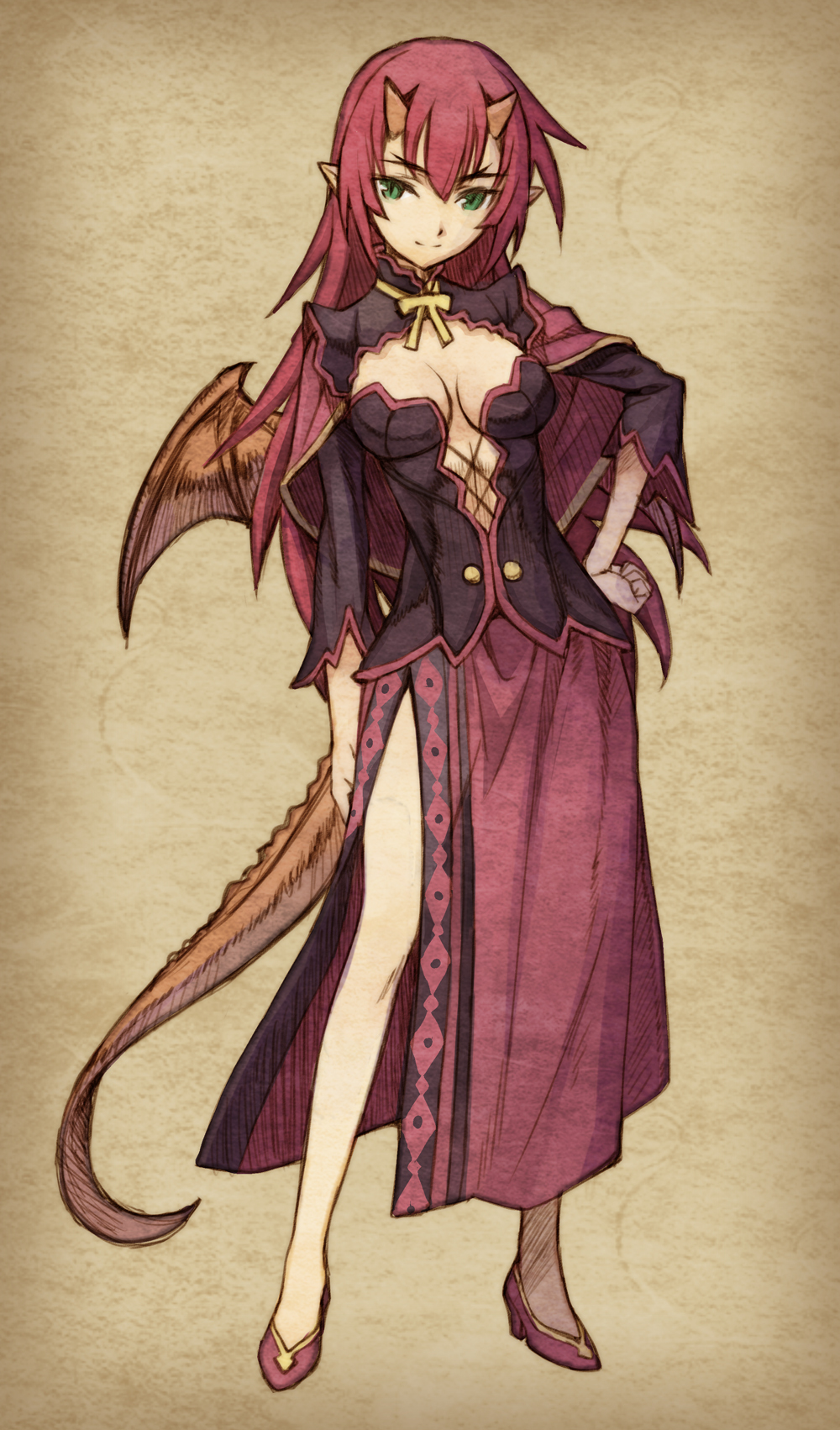 1girl cleavage dragon_girl dragon_tail dragon_wings dress female grand_princess_fire_dragon green_eyes hand_on_hip high_heels highres horns long_hair maoyuu_maou_yuusha matsuryuu monster_girl pointy_ears red_hair redhead shoes side_slit slit_pupils solo tail very_long_hair wings