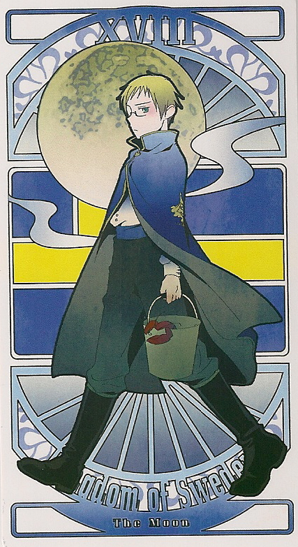 art_nouveau axis_powers_hetalia blonde_hair blue_eyes bucket cape card_(medium) flag glasses lobster male moon receipt solo sweden_(hetalia) tarot text walking