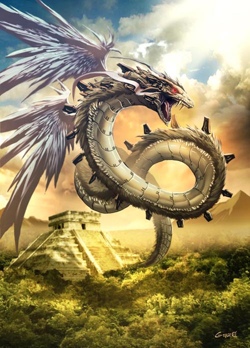 dragon epic feathers forest genzoman god jungle maya monster mountain nature original pyramid quetzalcoatl realistic sky snake sun temple wings